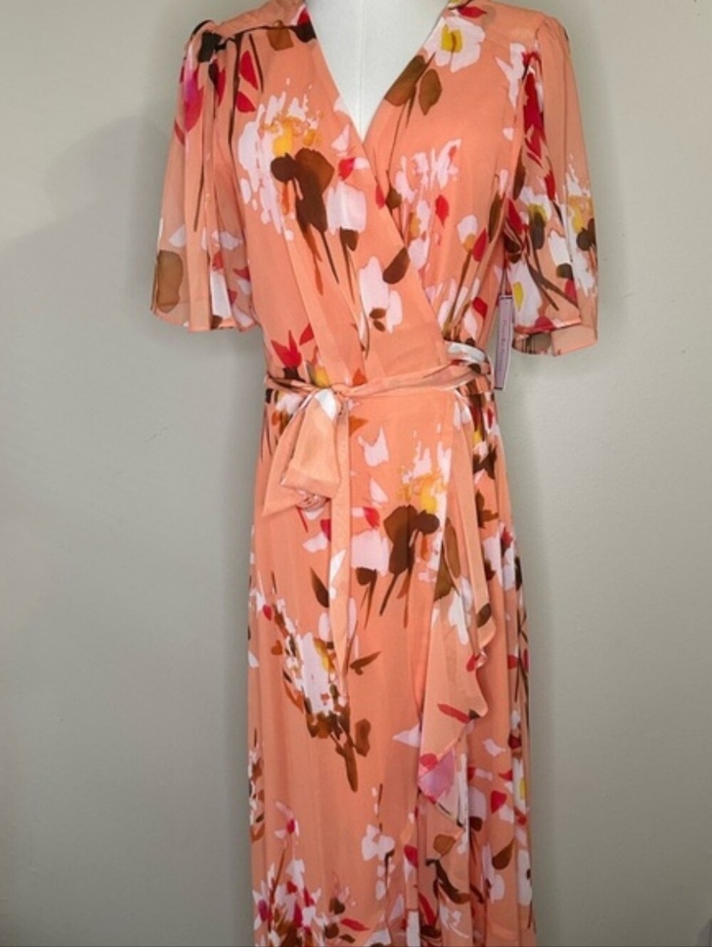 NWT Premier Amore Chiffon Wrap Dress Peach Floral